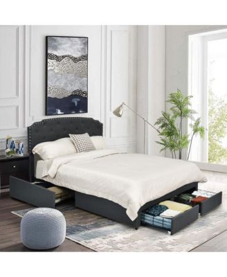 Full Platform Bed Frame with 4 Storage Drawers Adjustable Headboard Grey