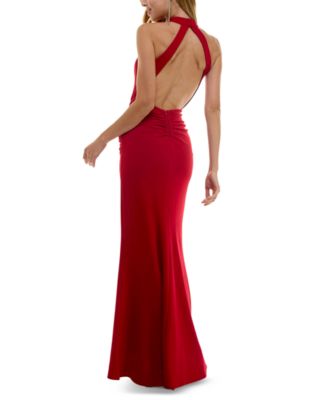 Juniors' Open-Back High-Neck Evening Gown