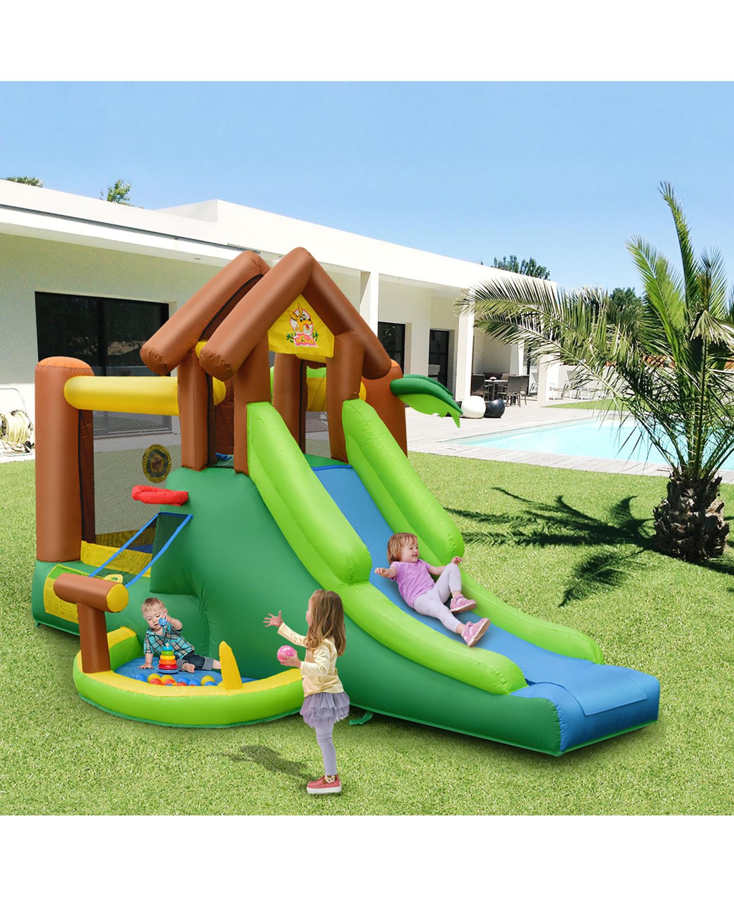 Детская игрушка Costway Jungle Dual-Slide Puncture-Resistant Inflatable Bounce House, 12.5'L x 11.5'W x 7.5'H, Up to 5 Players, Ages 3+, цвет: Зелёный — фото 5