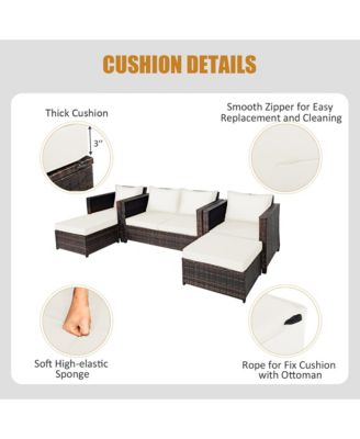 5PCS Patio Rattan Furniture Set Loveseat Sofa Ottoman Cushioned