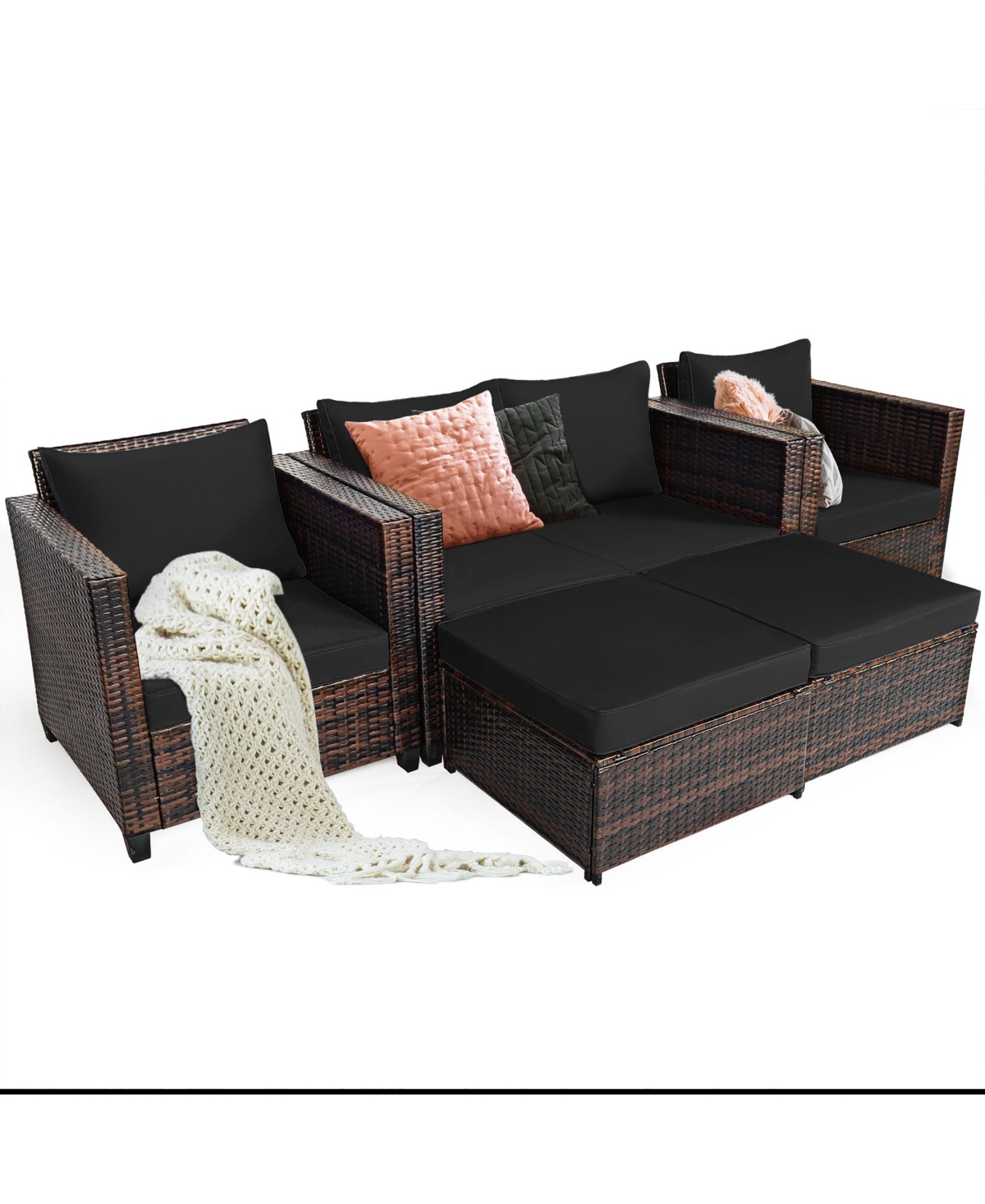 Costway 5PCS Patio Rattan Furniture Set Loveseat Sofa Ottoman Cushioned