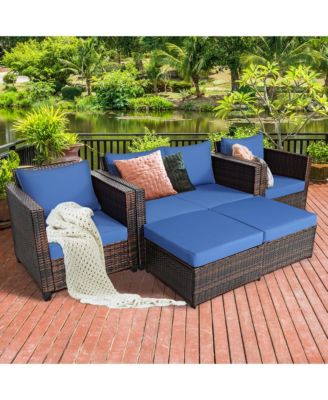 5PCS Patio Rattan Furniture Set Loveseat Sofa Ottoman Cushioned