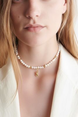 Freshwater Pearl Necklace with Gold Star Beads & Teddy Bear Pendant