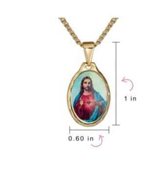 Oval Religious Medal Medallion Sacred Heart Of Jesus Photo Pendant Necklace Yellow Gold Plated