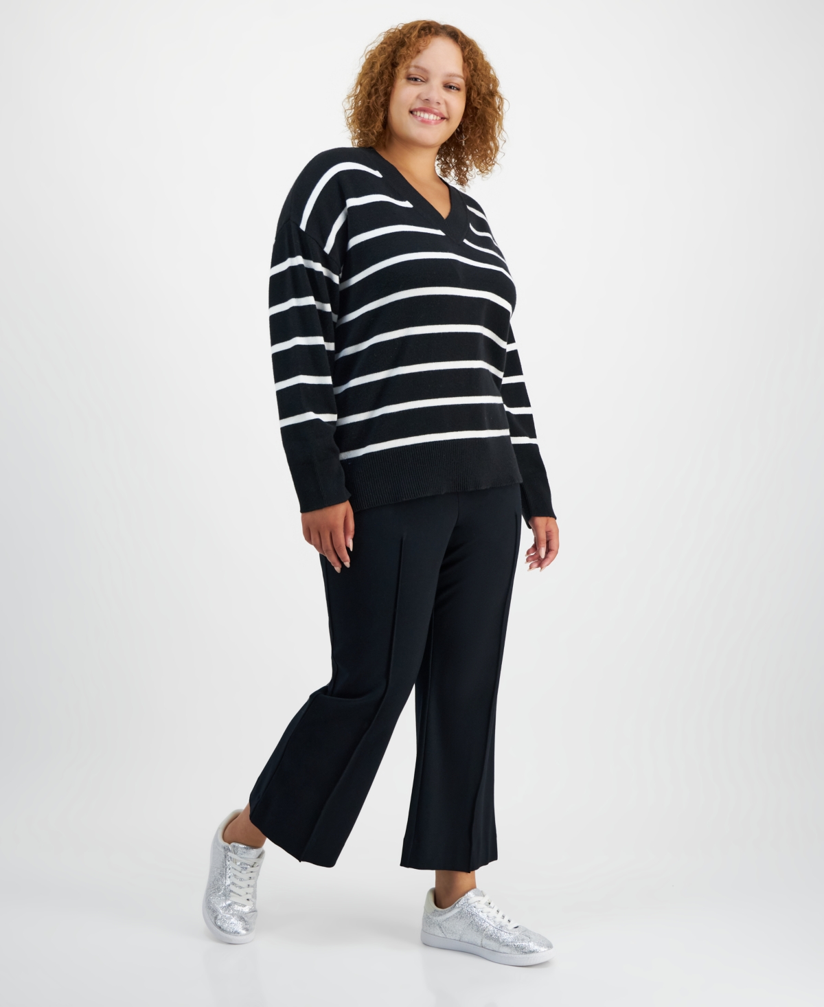 On 34th Trendy Plus Size Striped V-Neck Long-Sleeve Sweater, Created for Macy's