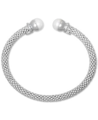 2-Pc. Set Cultured Freshwater Pearl (8 - 8-1/2mm) Mesh Cuff Bangle Bracelets in Sterling Silver & 14k Gold-Plate