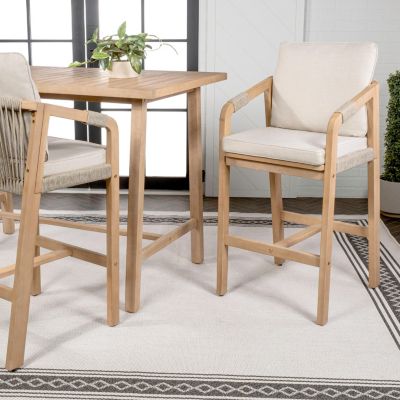 Porto 2-Pc. Acacia Wood Roped Cushioned Armrest Tub Outdoor Bar Stools