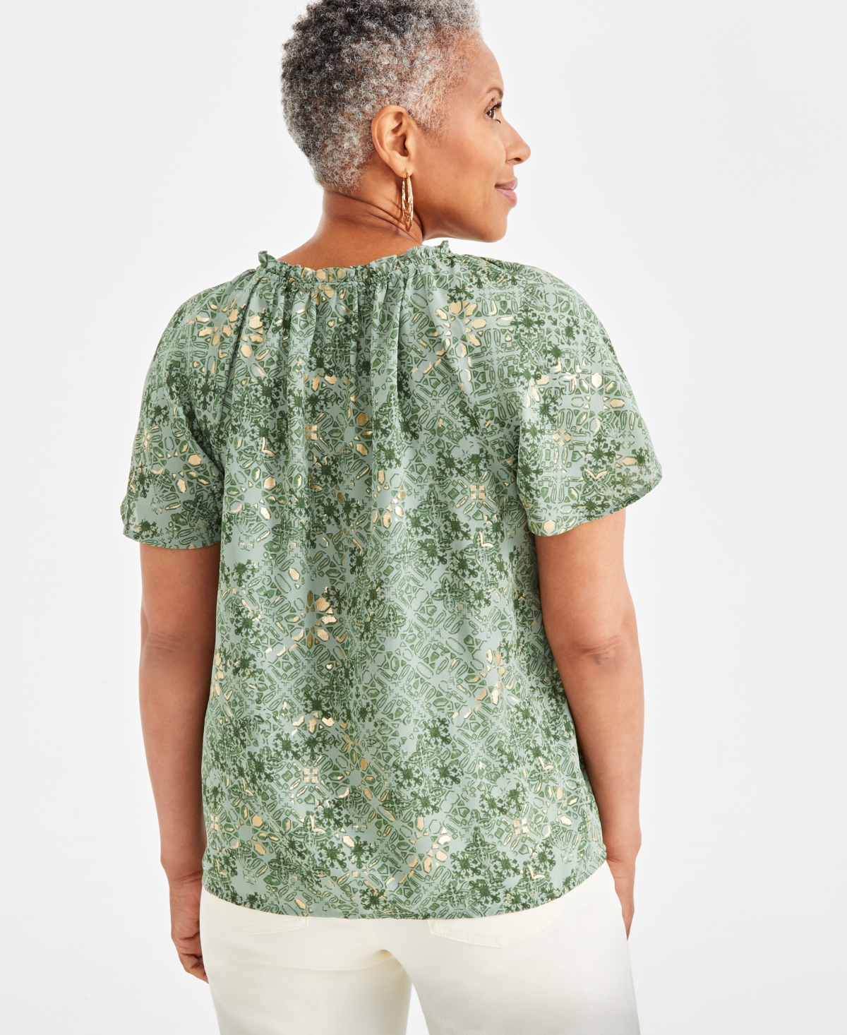 Style & Co Women's Printed Shine Flutter-Sleeve Blouse, Created for Macy's