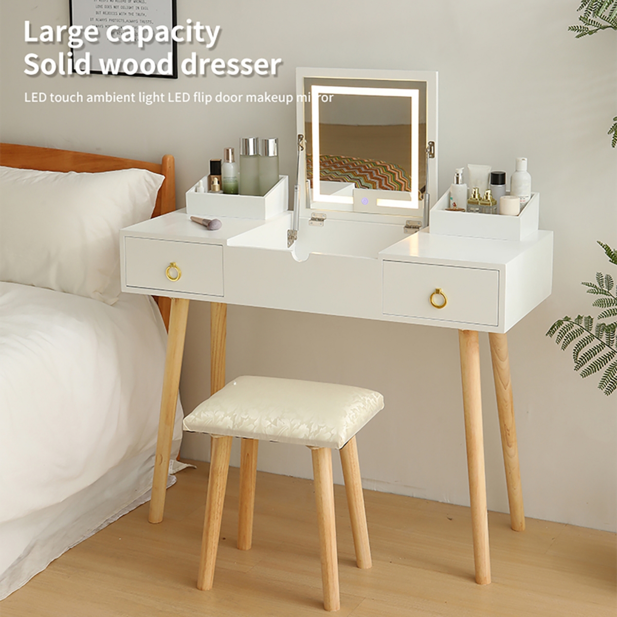 Streamdale Furniture Led Vanity Desk with Mirror, Power Outlet, and Storage