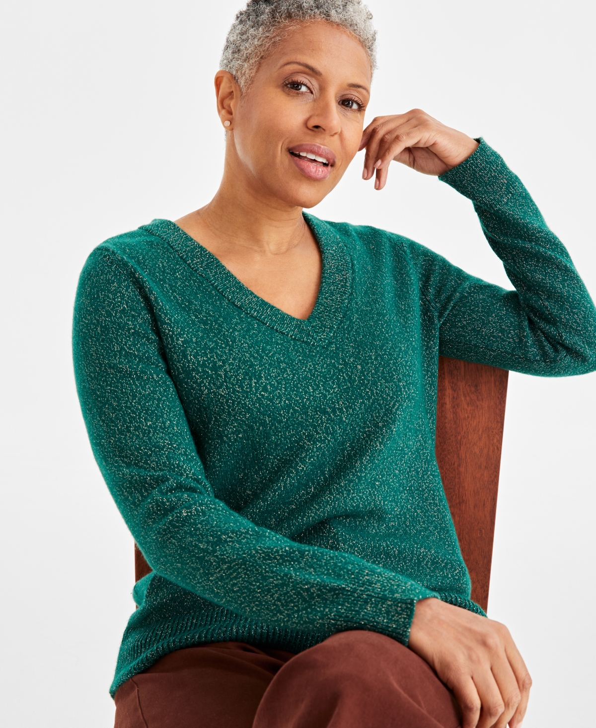 Style & Co Petite Whimsy Shine Pullover V-neck Sweater, Created For Macy's In True Emerald