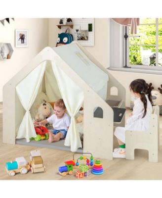 Montessori Style Indoor Playhouse with Storage Bin and Floor Mat for Toddlers Aged 2-6 Years Old-Beige