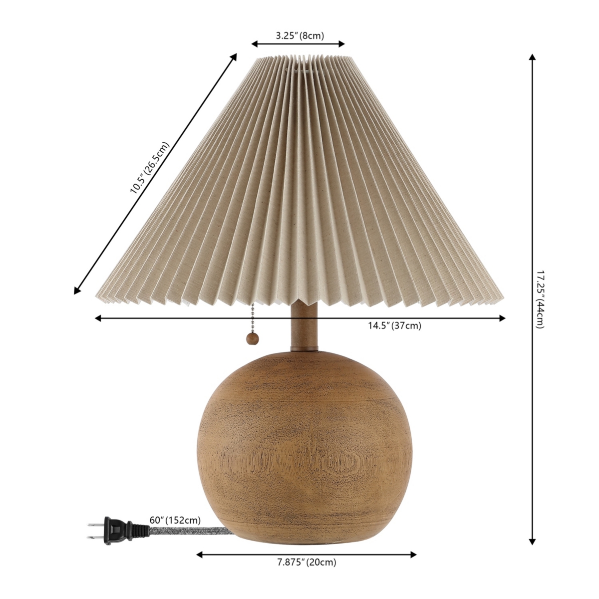 Jonathan Y Aksel 17.25" Coastal Scandinavian Resin/Iron Sphere Led Table Lamp with Pleated Shade and Pull Chain, Beige Wood Finish/White