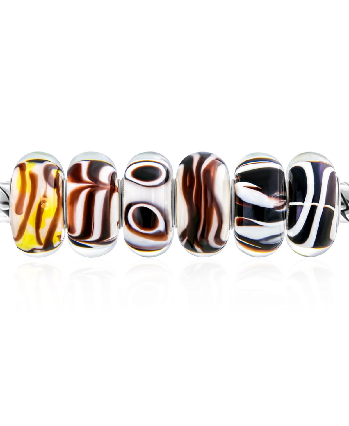 Bling Jewelry Mixed Set Of 6 Bundle Sterling Silver Core Translucent Shades Of WhiteBrown Murano Glass Stripe Circle Swirl Charm Bead Spacer Fi