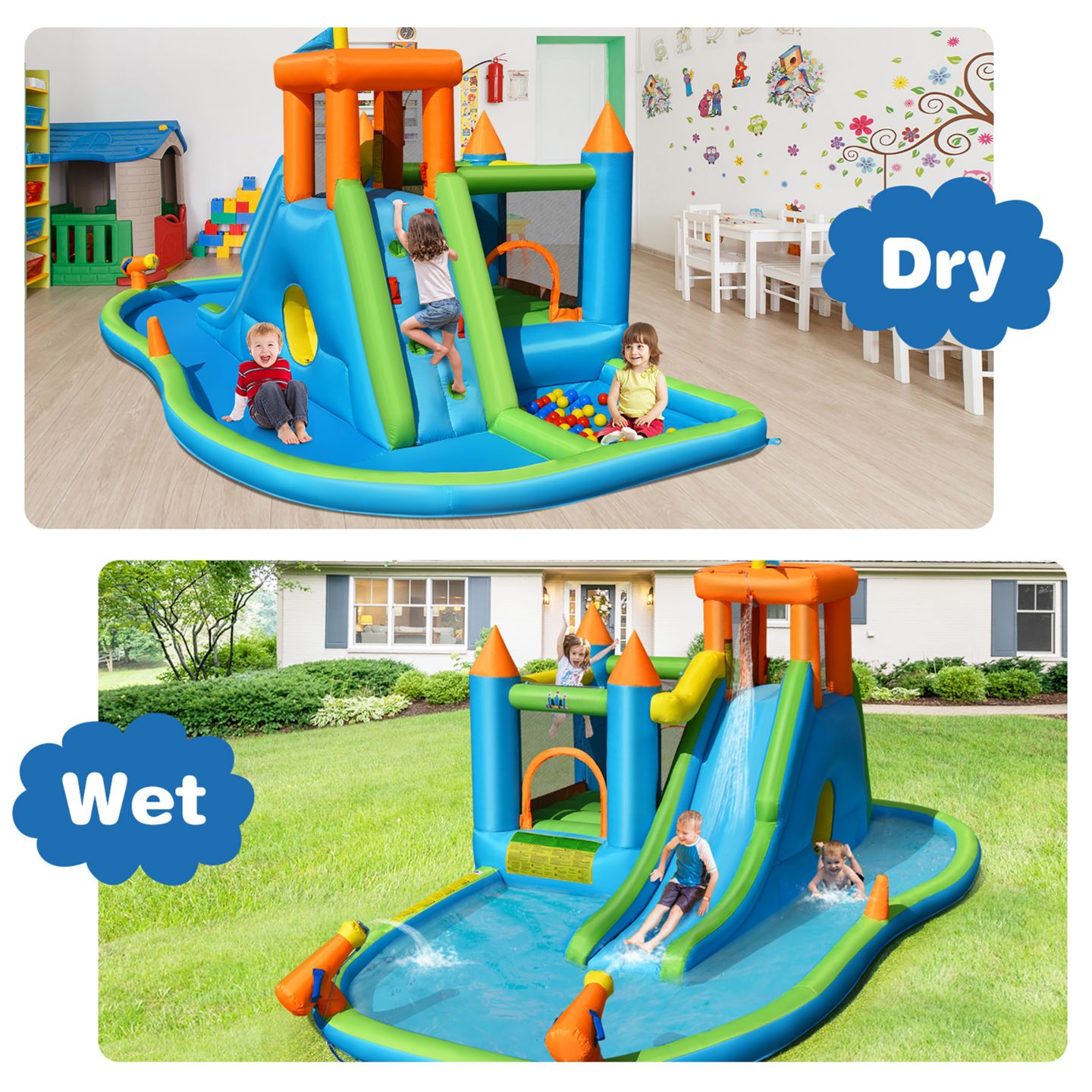 Детская игрушка Costway Bountech 19.5'L x 10.5'W x 8'H Inflatable Water Slide with Bounce House and Splash Pool, 6-Person, Ages 3-10, цвет: Синий — фото 3