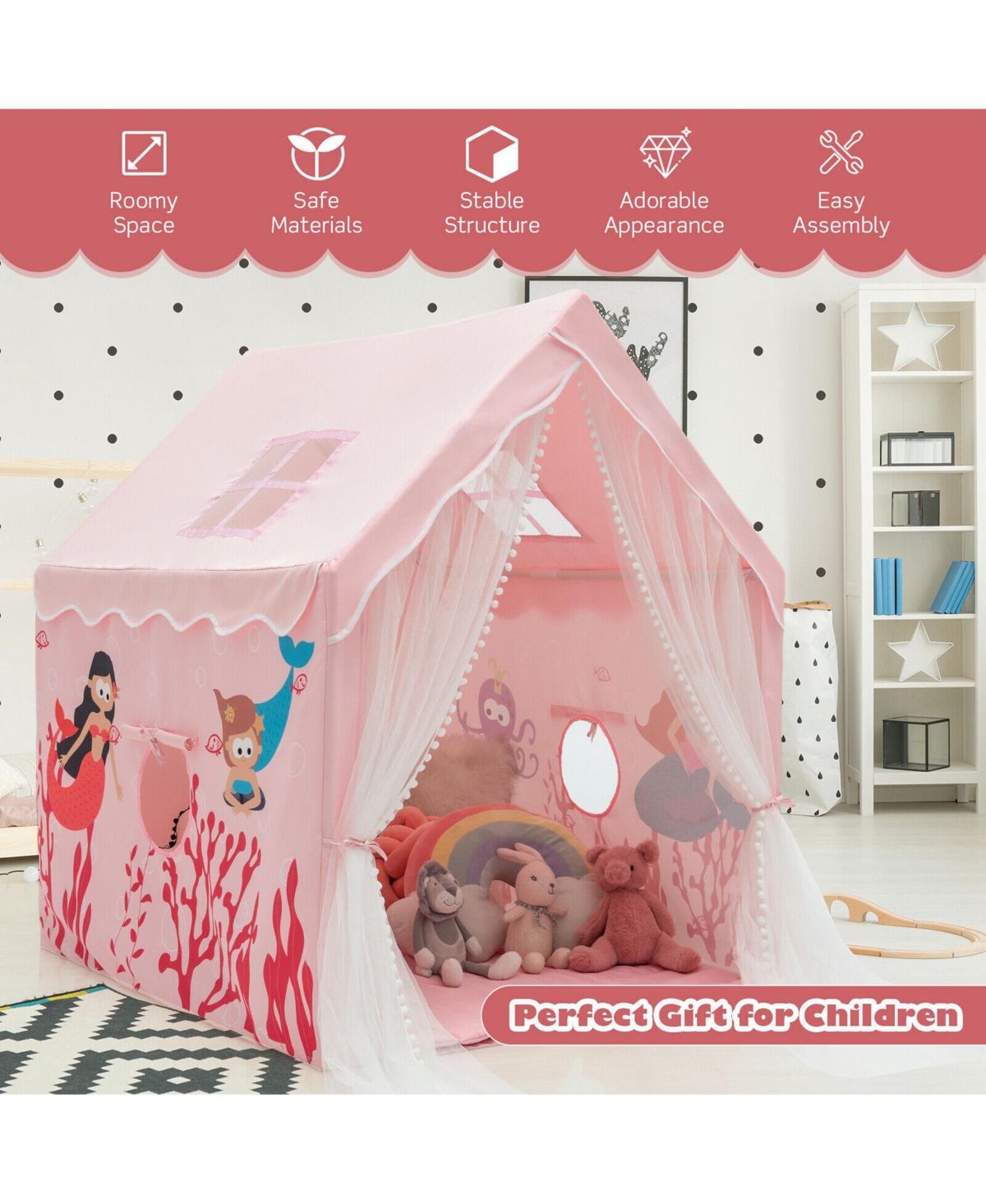 Costway Kids Playhouse Children Indoor Play Tent Gift w/ Cotton Mat Longer Curtain