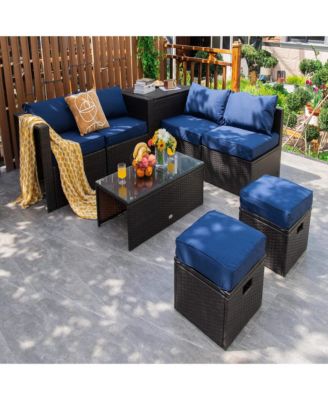 8 PCS Outdoor Wicker Furniture Set with Storage Box Tempered Glass Table 2 Ottomans