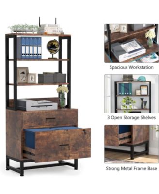 2 Drawer Vertical File Cabinet with Lock & Bookshelf, Letter Size Large Modern Filing Cabinet Printer Stand with Open Storage Shelves