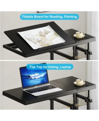 Adjustable C Table with Wheels, Tiltable Laptop Stand & TV Tray with Shelves for Sofa, Bedside, or Couch
