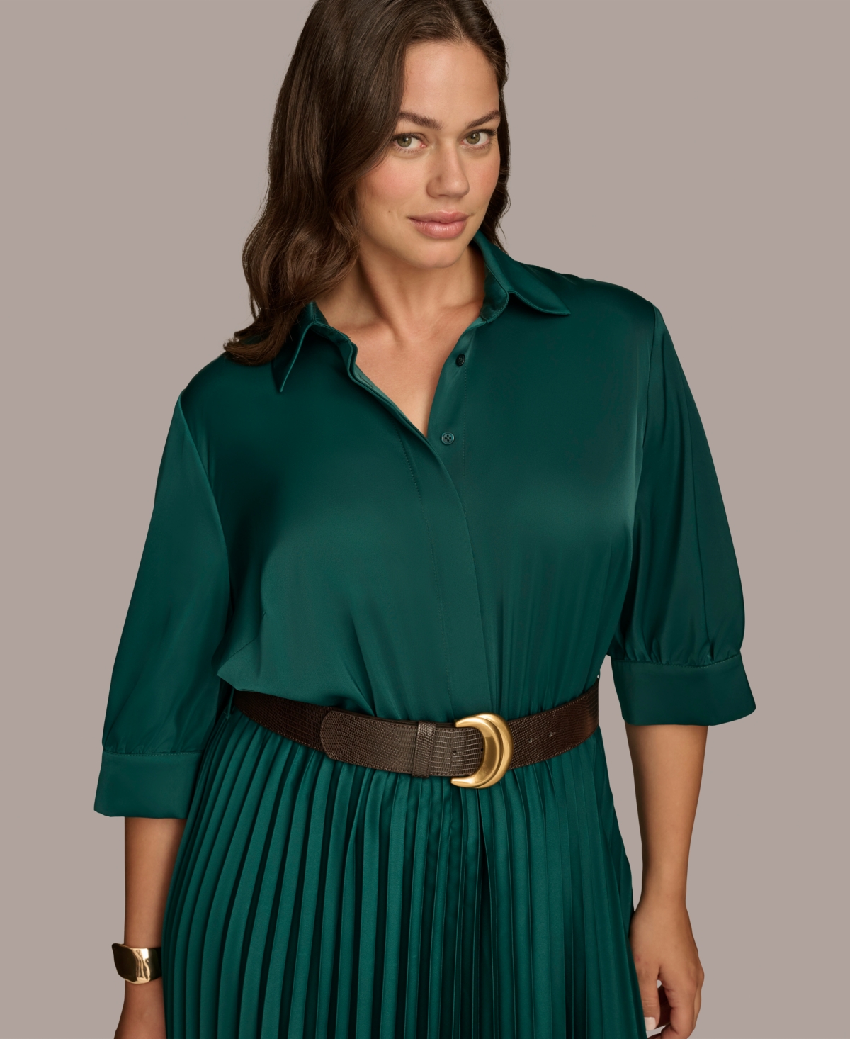 Donna Karan New York Plus Size Belted Pleated Midi Dress