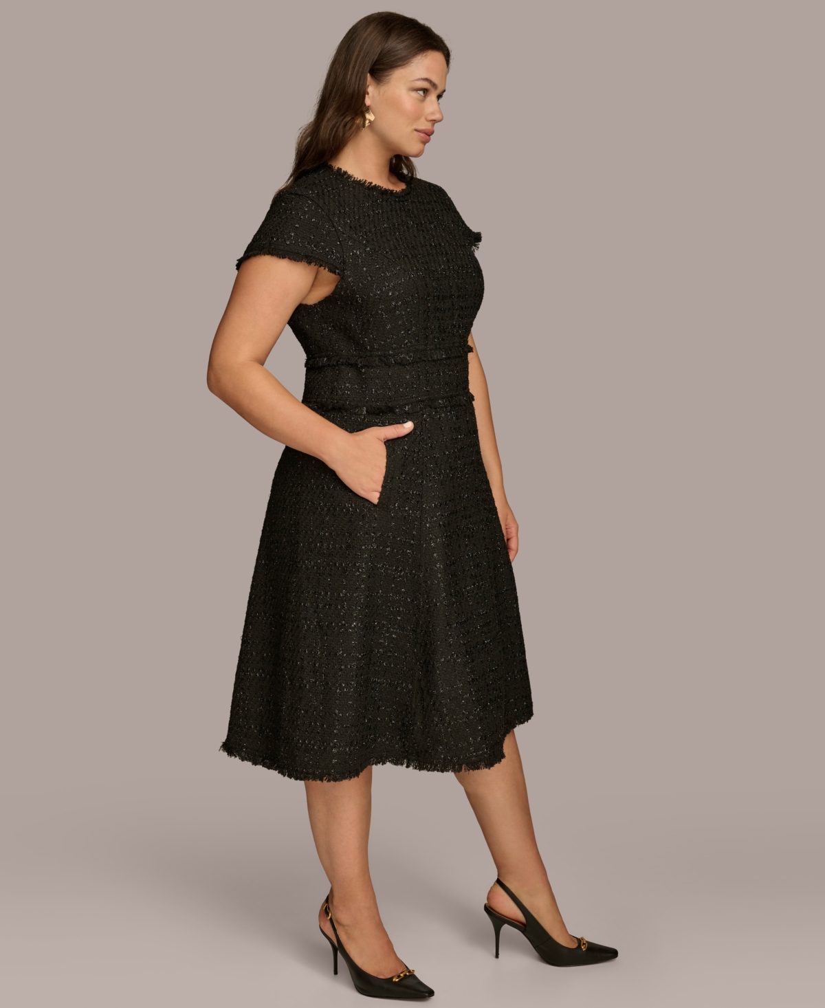 Donna Karan New York Plus Size Fringe-Trim Textured Midi Dress