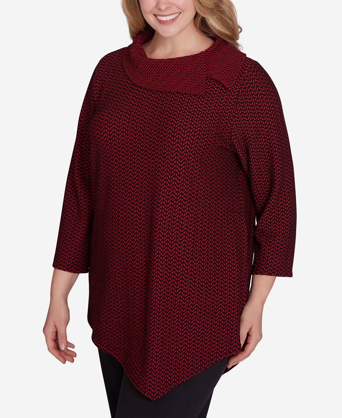 Ruby Rd. Plus Size Split Cowl Neck Textured Herringbone Jacquard Knit Top