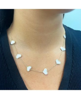 Large Mother of Pearl Heart Station Necklace 14K Gold