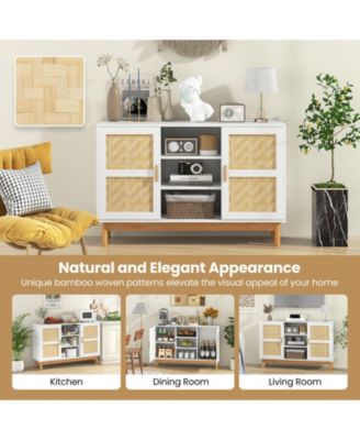 48 Inch Sideboard Buffet Cabinet Floor Storage Cabinet with 2 Bamboo Woven Doors-White
