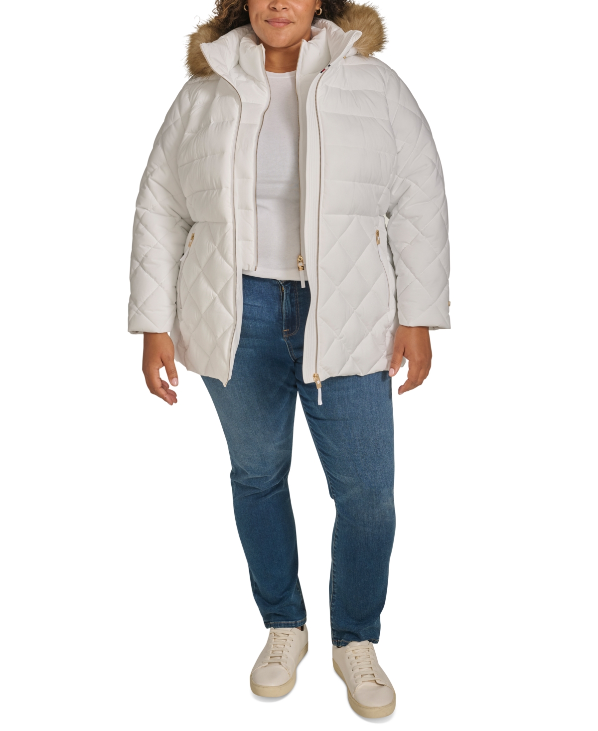 Tommy Hilfiger Plus Size Faux-fur-trim Hooded Puffer Coat, Created For Macy's In White