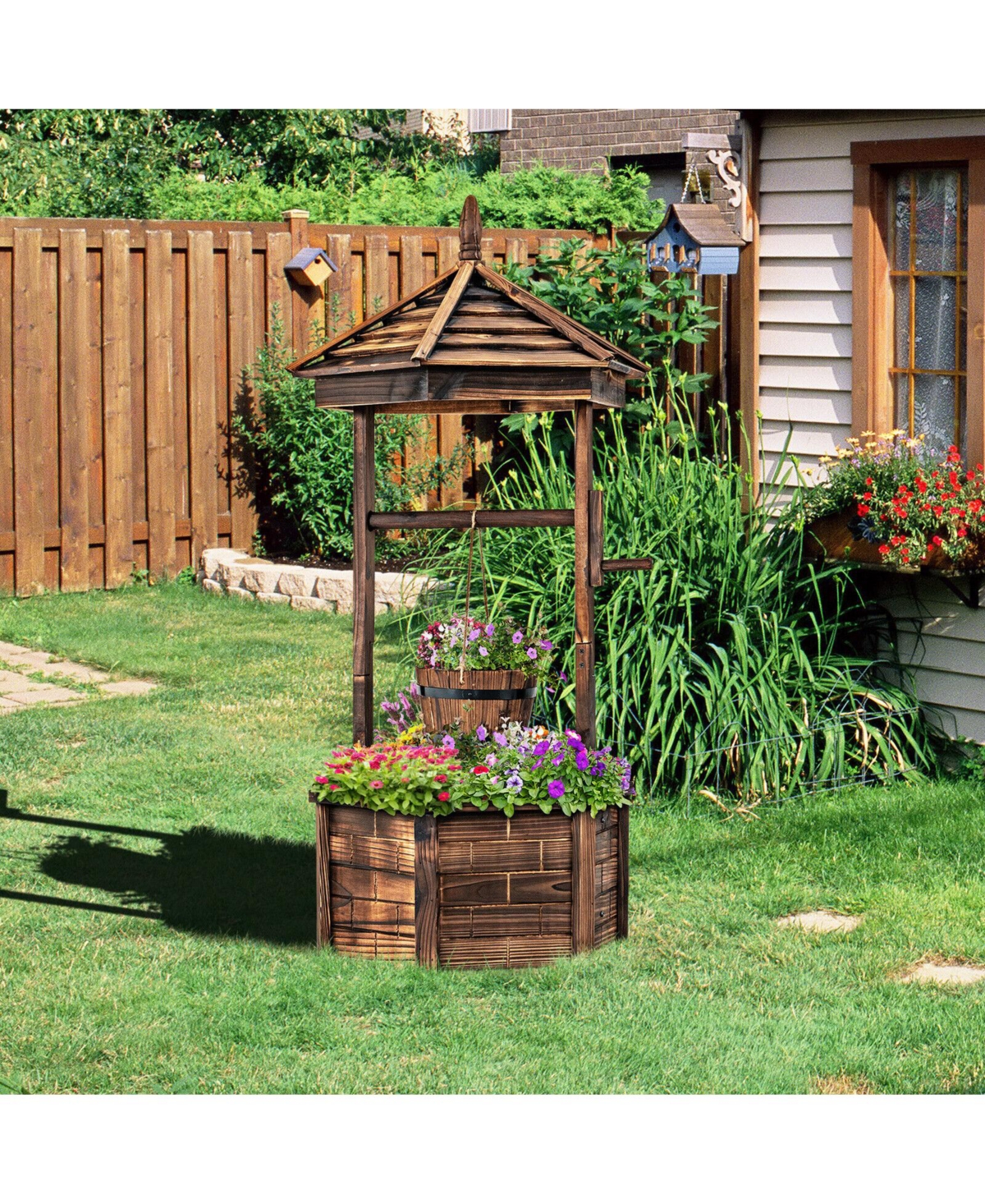 Skonyon Rustic Wooden Wishing Well with Adjustable Hanging Bucket-Brown