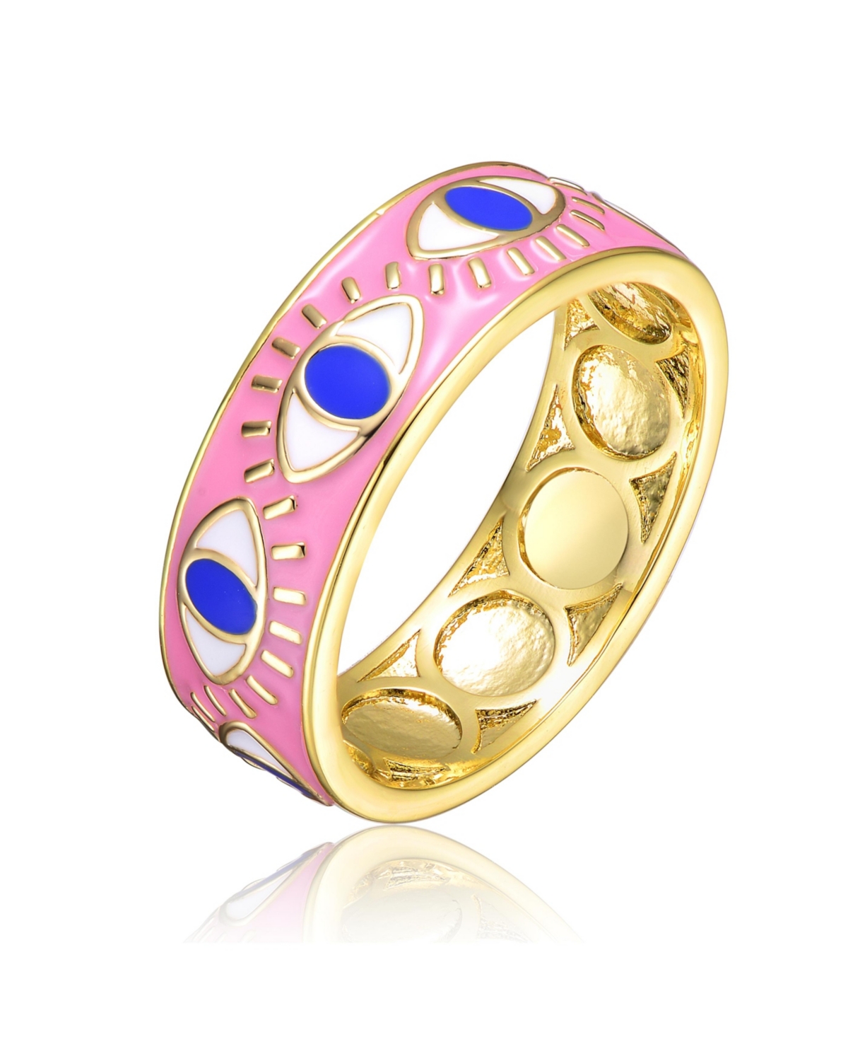 14k Yellow Gold Plated Band Ring with Pink Enamel having Eye Shaped design - Pink