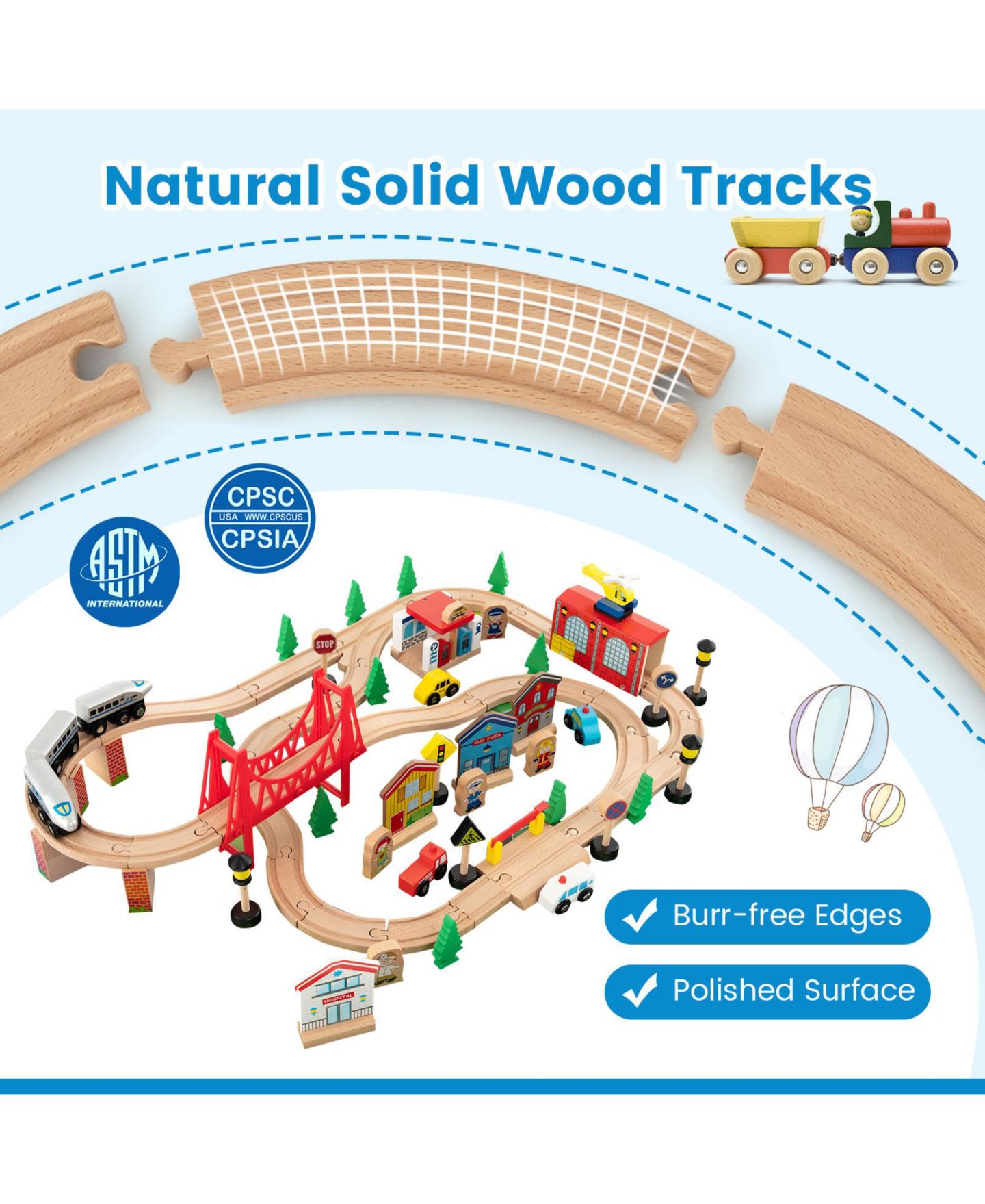 Детские игрушки GIVIMO 80-Piece Wooden Train Set and Table, цвет: Синий — фото 6