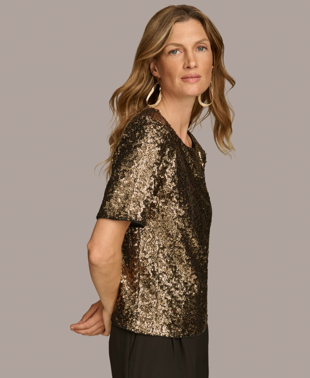 Donna Karan New York Women's Short-Sleeve Sequin Top -Gold