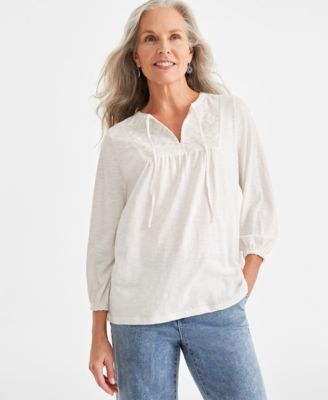 Style & Co - Petite Velvet-Bib Tie-Neck Cotton Top