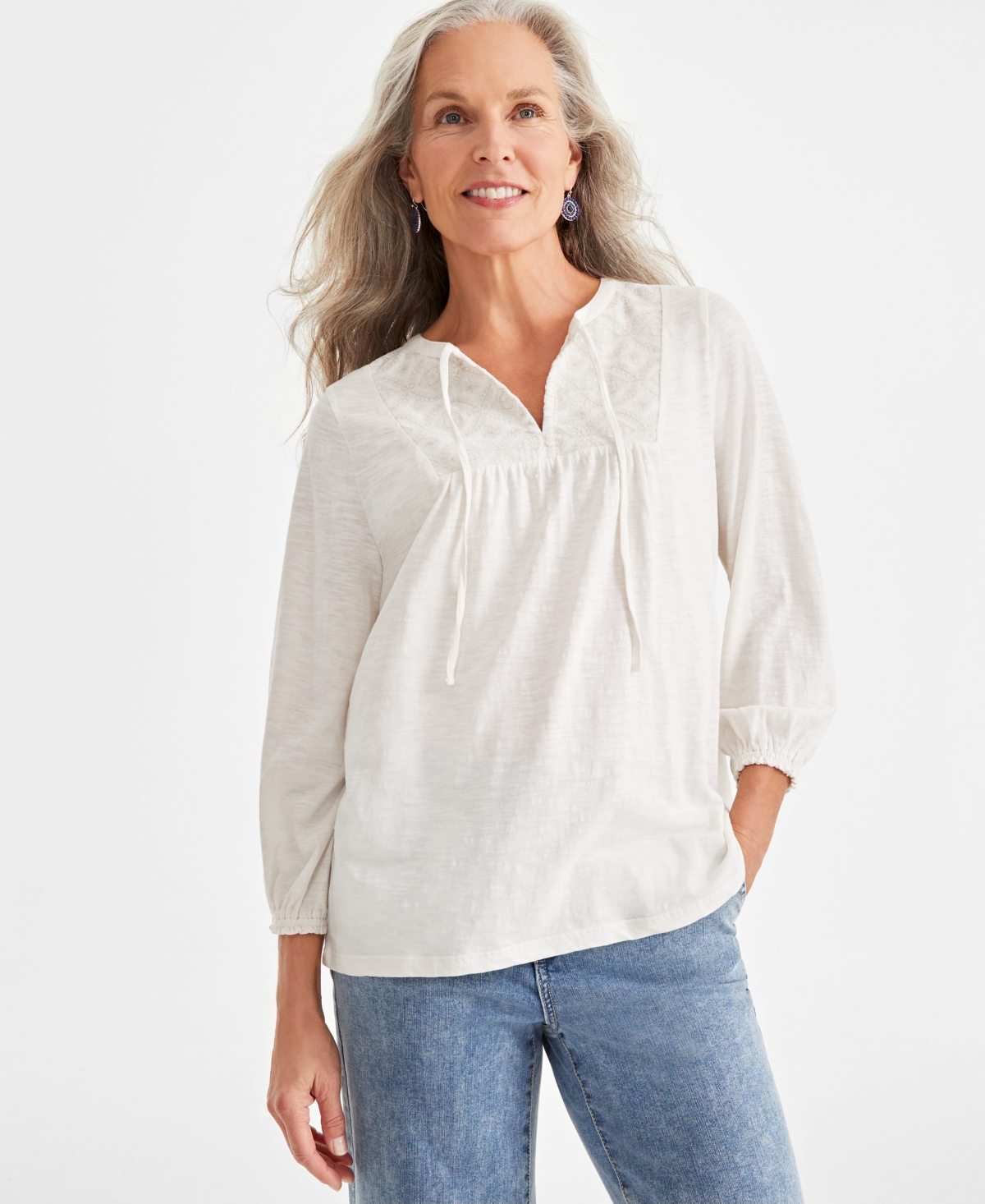 Style & Co Petite Velvet-Bib Tie-Neck Cotton Top, Created for Macy's