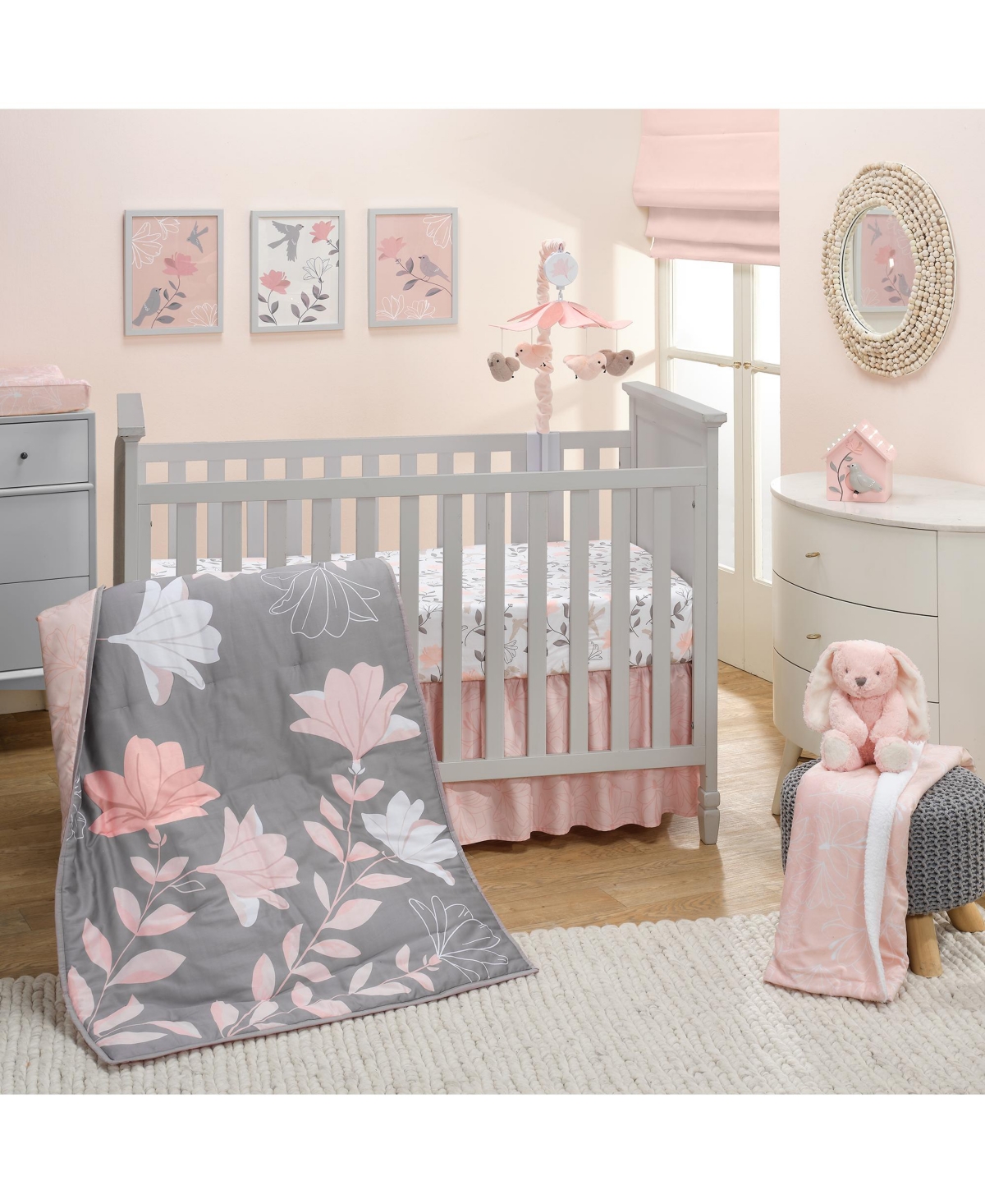Lambs & Ivy PetalsPink/Gray Floral 100% Cotton Fitted Crib/Toddler Sheet - White