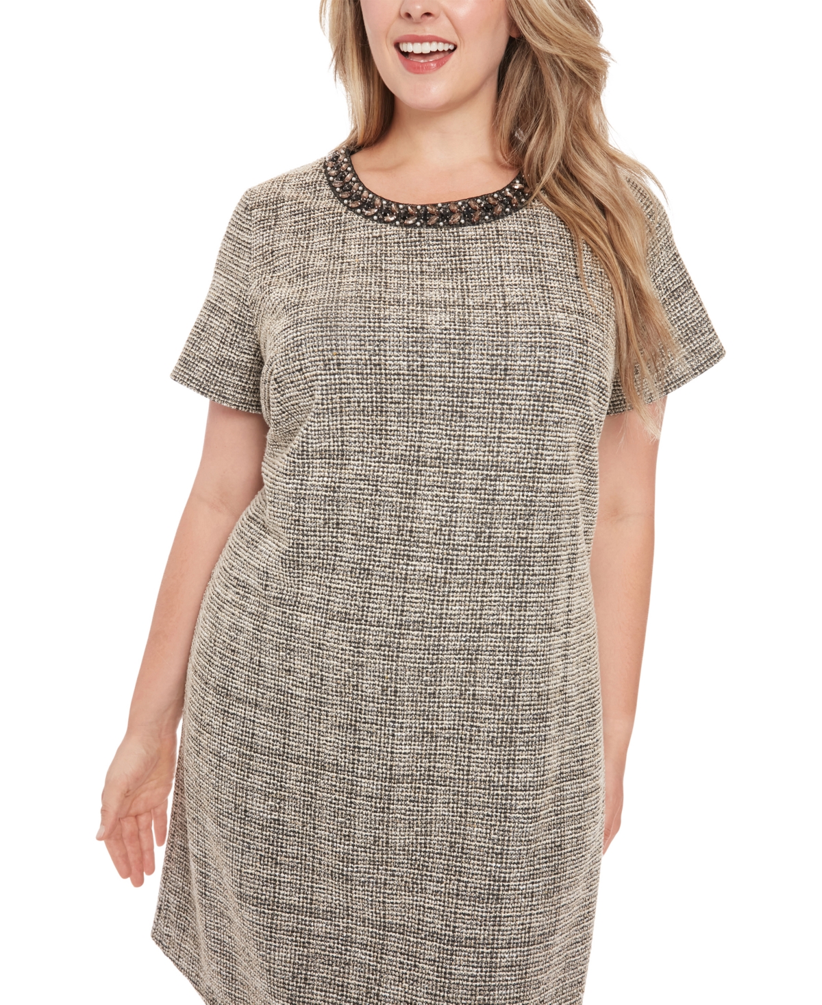 London Times Plus Size Embellished Jacquard T-Shirt Dress