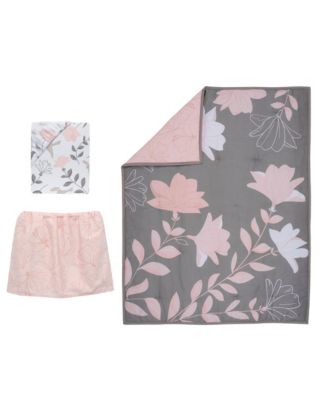Petals Gray/Pink Sateen Cotton Floral 3-Piece Baby Crib Bedding Set
