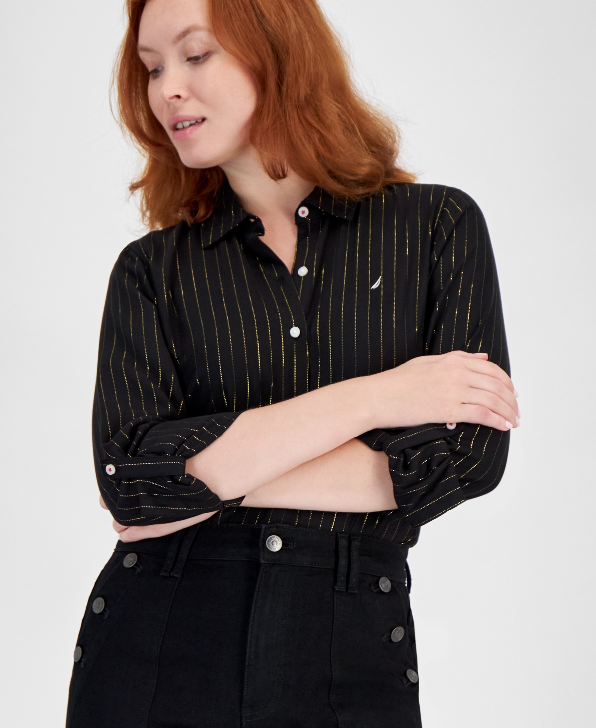 Nautica Jeans Women's Flickering Pinstripe Roll-Tab-Sleeve Button-Up Shirt -Gold