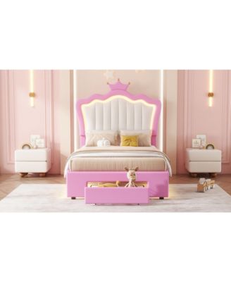 Twin Upholstered Bed with Crown Headboard and LED Lights