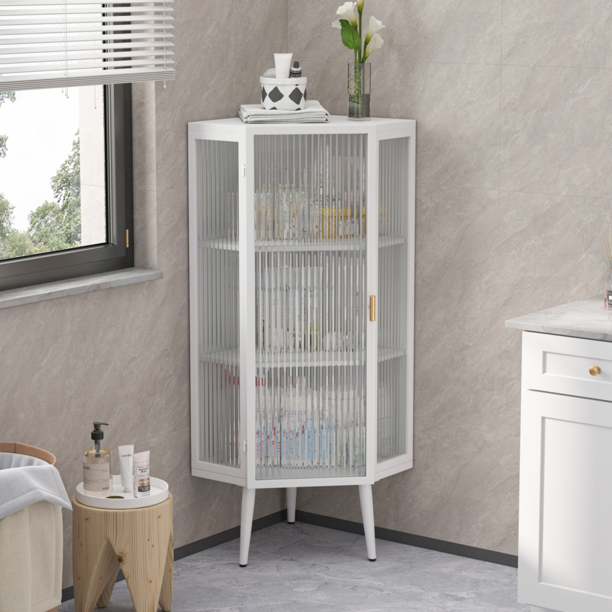 Streamdale Furniture White Floor Corner Cabinet with Tempered Glass Doors (22.25")
