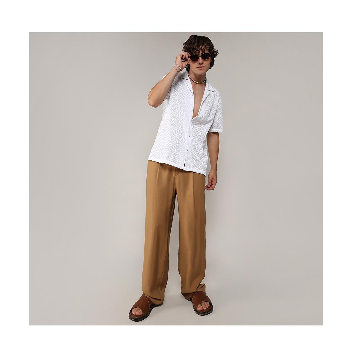 Campus Sutra Men's ChalkEmbroidered Zig-Zag Shirt - White