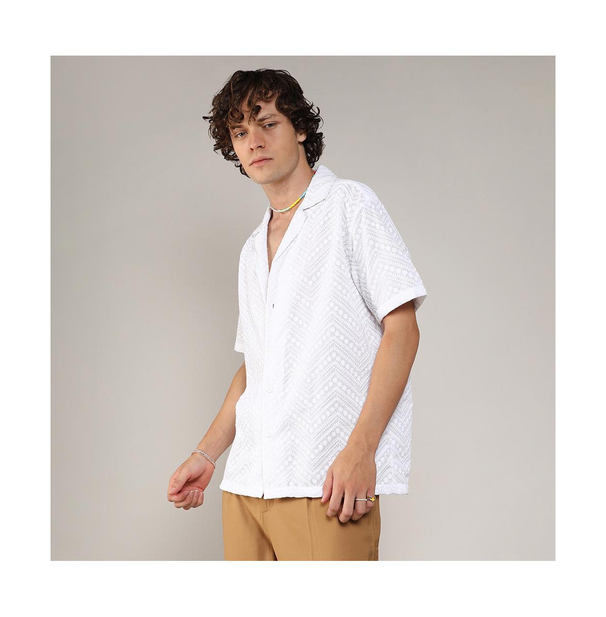 Campus Sutra Men's ChalkEmbroidered Zig-Zag Shirt - White