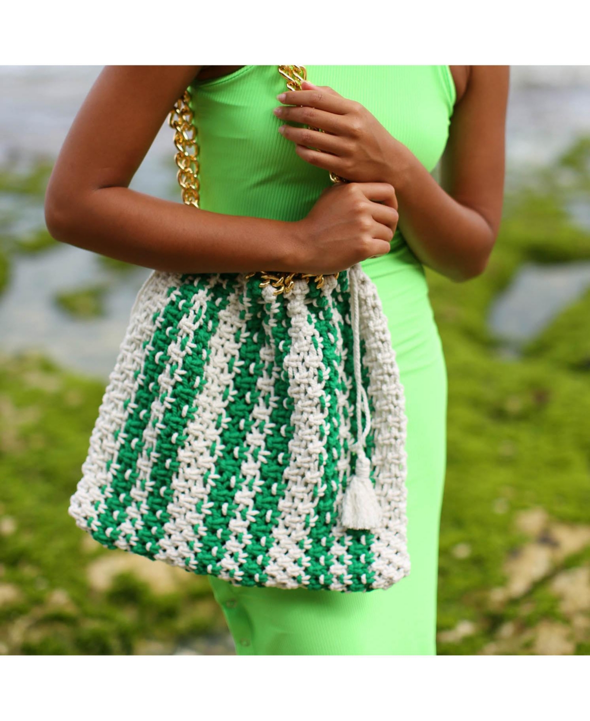 Rouen Colette Macrame Beach Bag In Green X Off-White