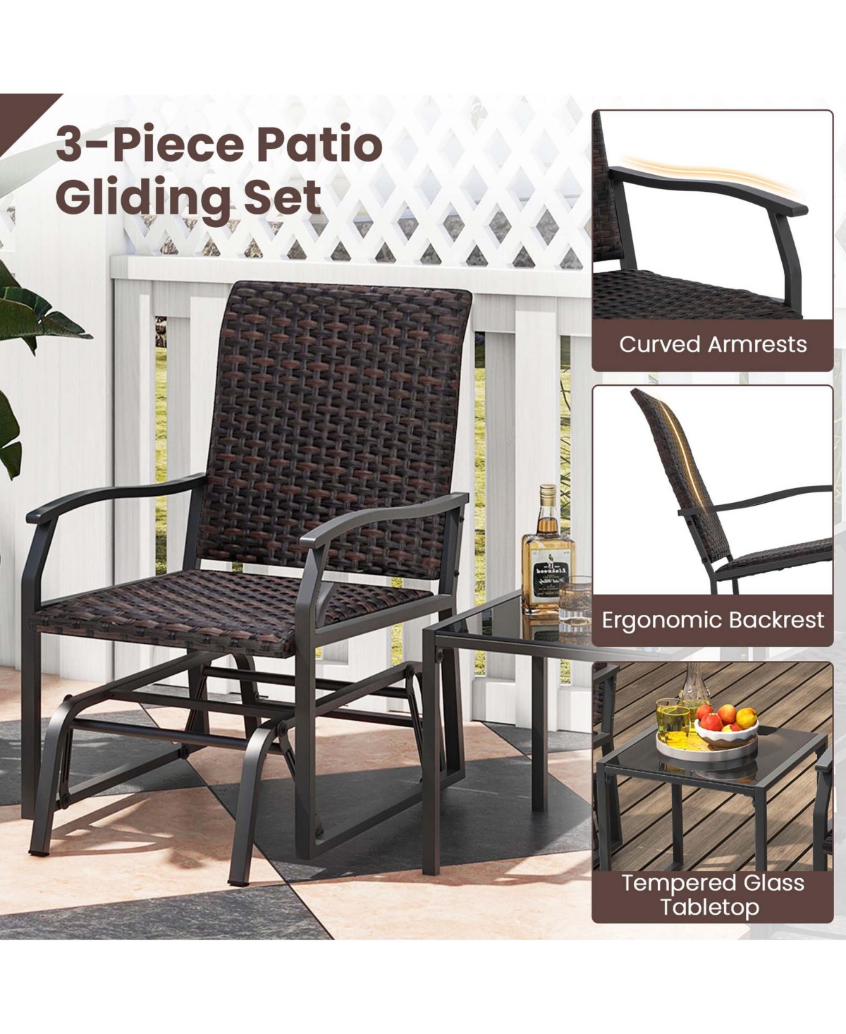 3 Pcs Patio Gliding Set with Tempered Glass Coffee Table Quick Dry Foam Wicker