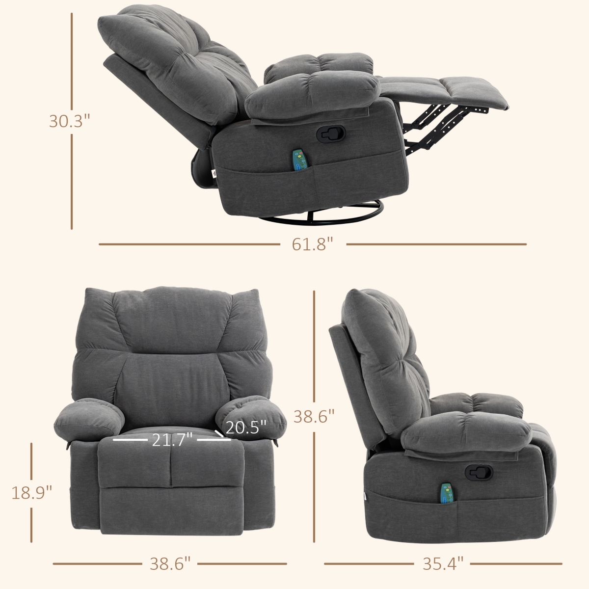 Homcom 8 Point Massage Recliner Chair with Heat Swivel Rocker,- Dark gray