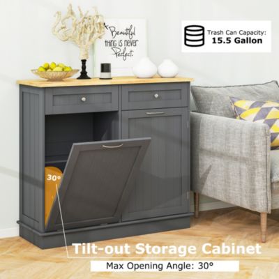 15.5 Gallon Kitchen Tilt Out Trash Cabinet Rubber Wood Tabletop 2 Drawers
