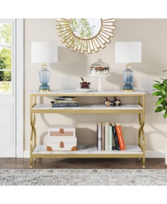 3-Tier Console Table, 55 inch Sofa Table with Open Storage Shelves, Narrow Long Hallway/Entryway Table with Faux Marble Top, White & Gold