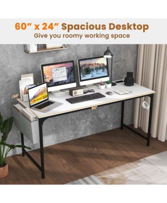 60" Modern Computer Desk with Charging Station with Storage Bag & Headphone Hook
