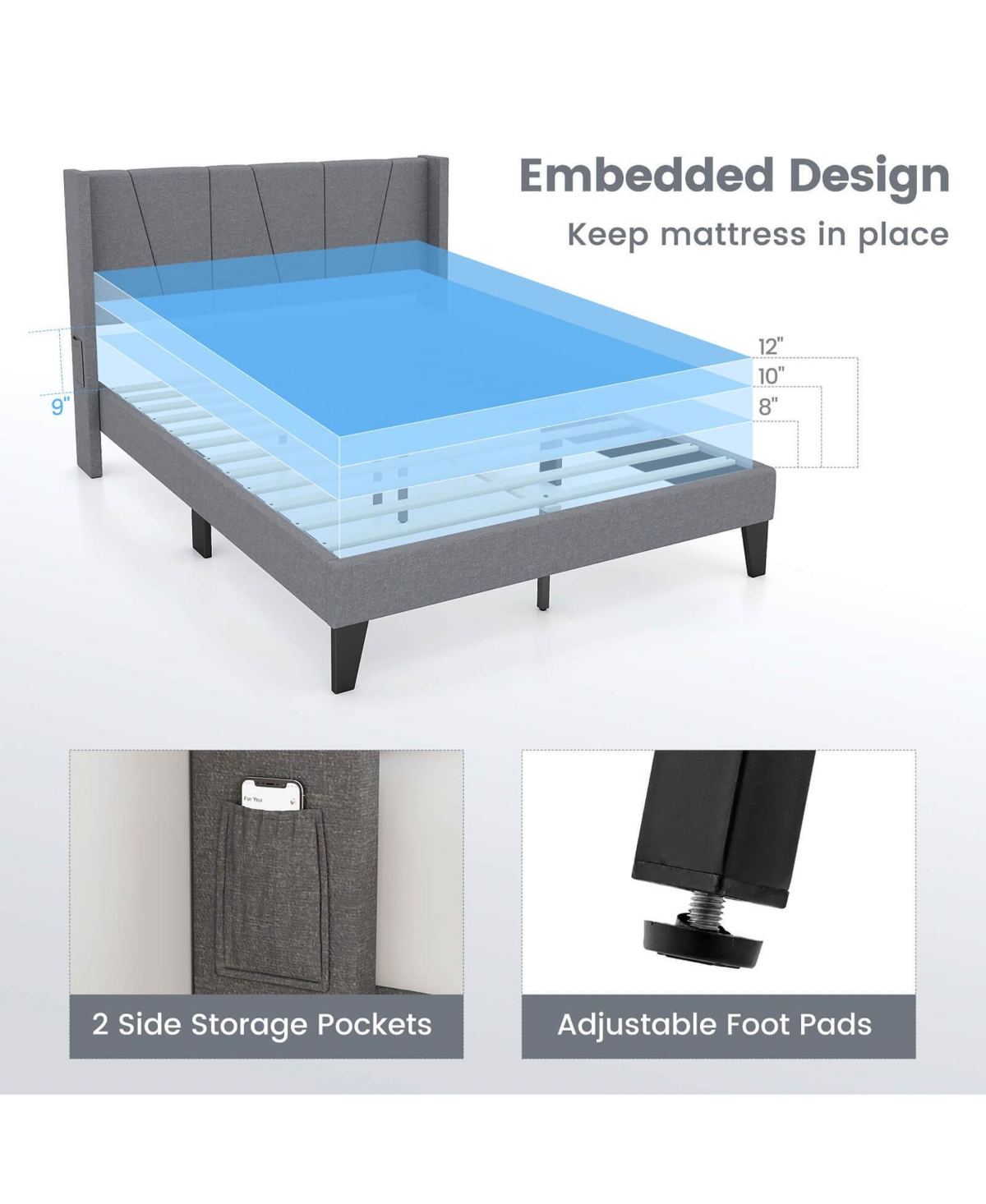 Gymax Full Bed Frame w/ Elastic Pockets Mattress Foundation Gray - Grey+white