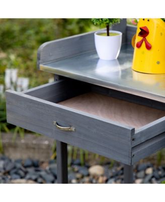 Outdoor Potting Table with Storage and Steel Top, Gray